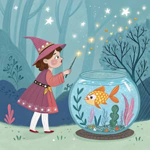 Storybook Girl with Fish in Aquarium