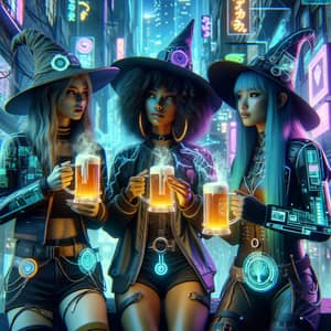 Futuristic Witch Trio in Cyberpunk Cityscape | Digital Brew Magic