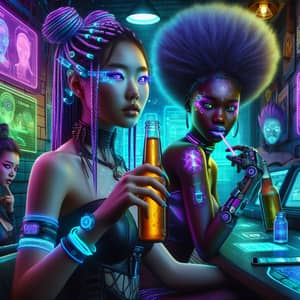 Futuristic Cyberpunk Witches at Neon Bar | Modern Witchcraft Scene