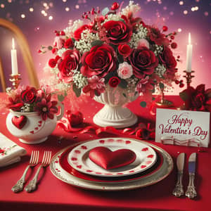 Romantic Valentine's Day Table Setting with Red Roses and Heart Plates