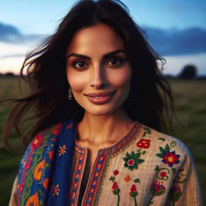 South Asian Woman In Vibrant Traditional Attire Under Blue Sky