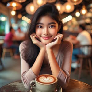 Cute Asian Girl Enjoying Coffee at Quaint Cafe