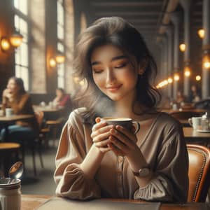 Realistic Kazakh Girl in Cafe with Coffee