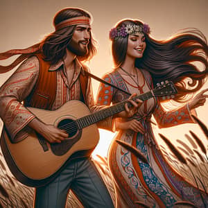 Hippie Couple Art: Joyful 1960s Fashion Concept