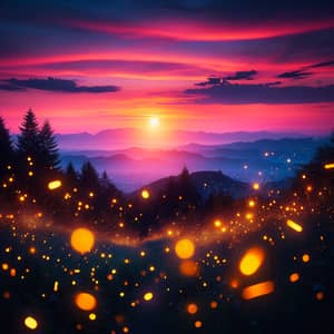 Stunning Sunset Backdrop with Glowing Fireflies