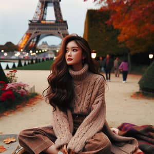 Tranquil Autumn Scene: Girl by Eiffel Tower