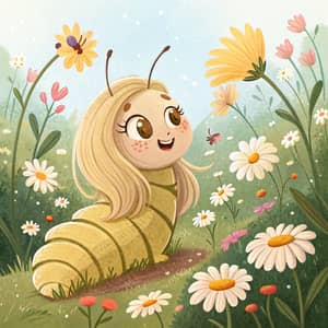 Cute Cartoon Caterpillar in Flower Garden