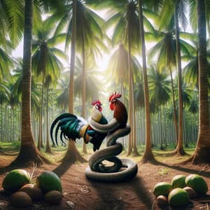 Rooster and Snake Friendship in Enchanted Coconut Forest