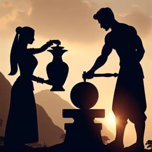 Silhouette of Woman Pouring and Man at Grindstone