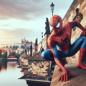 Spider Superhero on Historic Gothic Bridge in Iconic European City