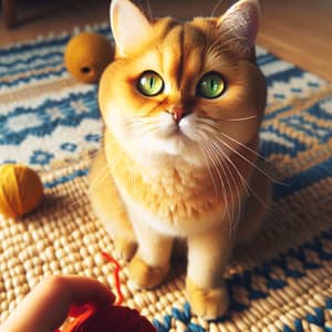 Vibrant Yellow Cat with Emerald Green Eyes | Playful Feline on a Blue-White Rug