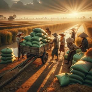 Rural Farmers Loading Green Sacks at Sunset