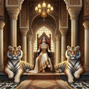 Middle-Eastern Princess with Royal Tigers in Regal Hall