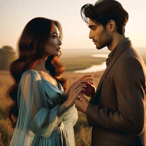 Emotional Connection Between South Asian Woman and Middle-Eastern Man in Grassy Field