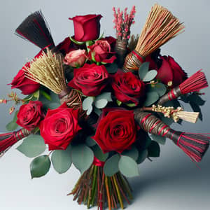 Red Roses and Birch Twig Brooms Bouquet