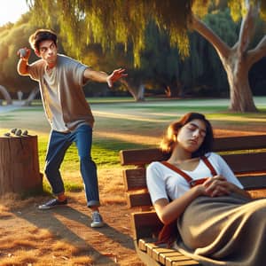 Playful Scene in Park: Teenage Boy Tossing Rock, Girl Dreaming Peacefully