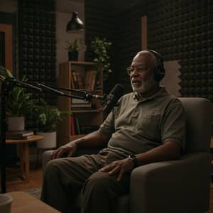 Realistic Podcast Room with Elderly Man