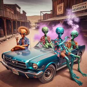 Quirky Aliens Relaxing on 1965 Ford Mustang in Western Ghost Town