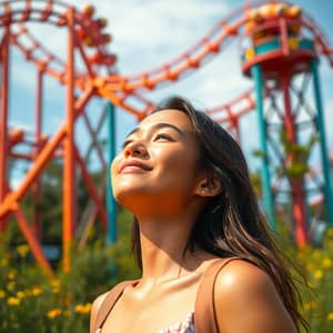 Joyful Model Smiling Amidst Vibrant Rollercoaster