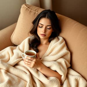 Cozy Lifestyle: Brunette Model on Plush Sofa