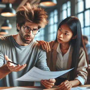 Office Collaboration: Frazzled Man Helping Woman with Task