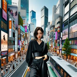 Dynamic City Scene with Young Korean Woman | Modern Urban Fashion