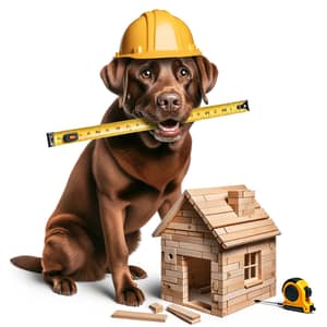 Playful Brown Labrador Retriever Building Classic House