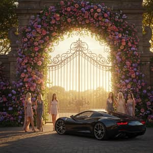 Eden Garden Gate with Luxury Car and Elegant Women