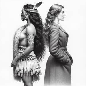 Maori and British Girls Black and White Sketch - Cultural Unity Art