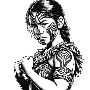 Young Maori Warrior Girl: Resilience and Strength in Monochrome Outline