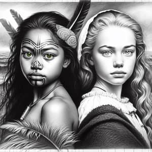 Striking Sketch of Maori and British Girls in 1800's NZ