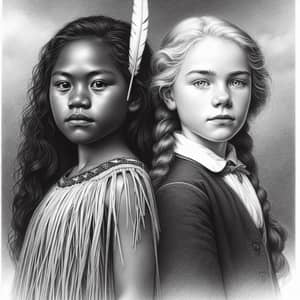 Black and White Sketch: Maori and British Girls in 1800's NZ