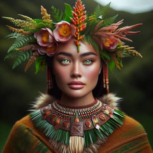 Maori Woman Portrait in Traditional Attire with Native Flowers - Fine Art Photography