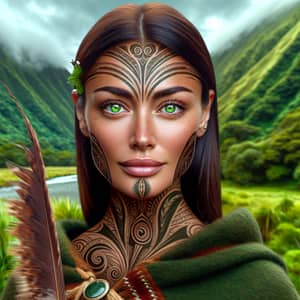 Serene Maori Woman in Vibrant Green Landscape | Distinct Maori Attire