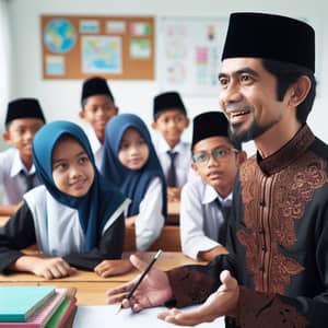 Male Indonesian Teacher in Traditional Attire Teaching in Classroom