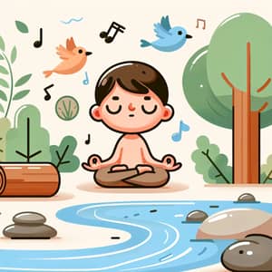 Tranquil Cartoon Yoga Character Amid Nature | Peaceful Meditation