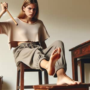 Caucasian Woman Striking Bare Feet with Wooden Stick