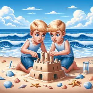 Caucasian Boy with Two Heads Building Sandcastle at Beach