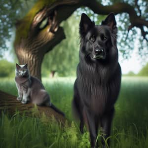 Black German Shepherd and Russian Blue Cat in Verdant Field