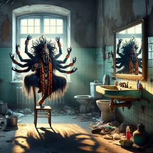 Surreal Anthropomorphized Deity Dance in Eerie Bathroom Scene