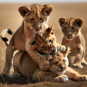 Playful African Lion Cubs Wrestling in Savannah