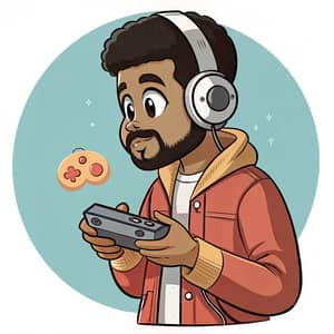 Cartoon Gamer with Headphones Playing Classic Games