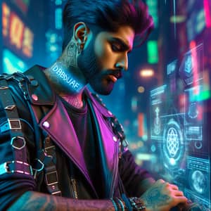 Cyberpunk South Asian Man With 'DDRU1D' Tattoo Trading Cryptocurrency