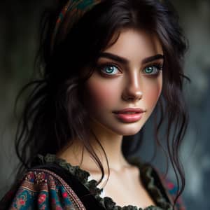 Captivating Gypsy Woman: Dark Hair, Blue-Green Eyes, Youthful Charm