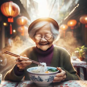 Elderly Vietnamese Woman Enjoys Pho Delightfully