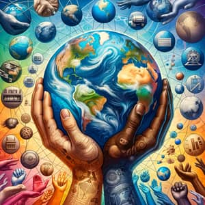 Globalization Illustration with Diverse Hands and Industry Symbols