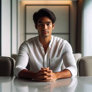 South-Asian Man Seated at Contemporary White Desk