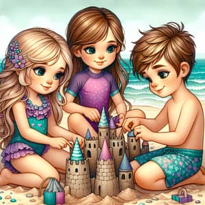 Cartoon Children Building Sandcastles at Beach