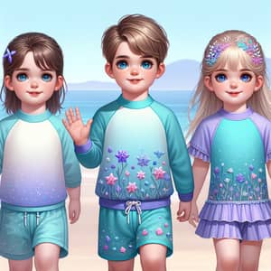 Caucasian Children on Beach with Aquatic Attire | Waving Goodbye