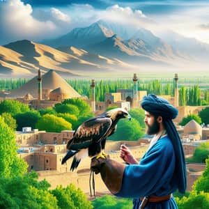 Eagle and Man Embrace in Yazd's Historic Beauty